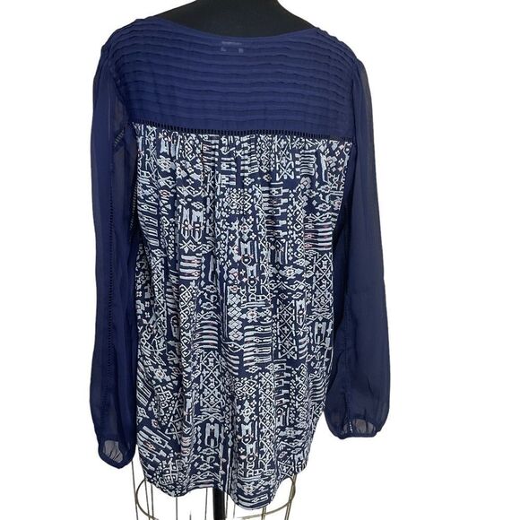 LUCKY Brand Flowy Pullover Shirt Sheer Navy Blue Sleeves And Bodice Size L - Picture 10 of 16